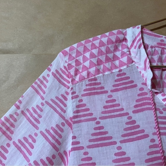 Tuckernuck | Oliphant Tassel Tie Neck Popover Top Split V-Neck Pink White Size S - Picture 5 of 11
